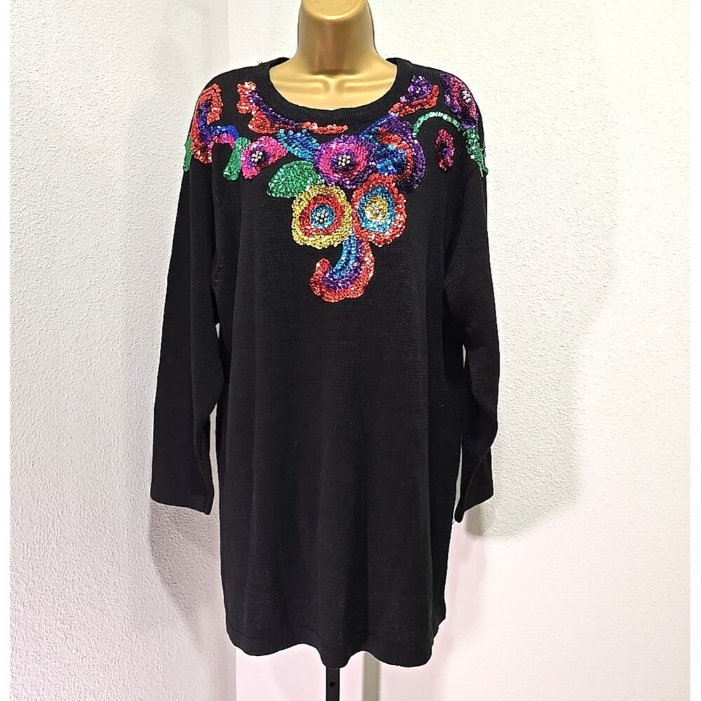 Vtg 90s BIB Sequin Black Tunic Sweater Womens 2X Glam Maximalist Whimsical Boho